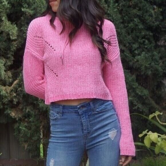 Heart Soul Pink Knit Cropped Hoodie Size M - Picture 1 of 11